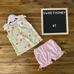 NWT SweetHoney Sleeveless Playsuit Set Summer Blooms Pink Green Gingham Shorts
